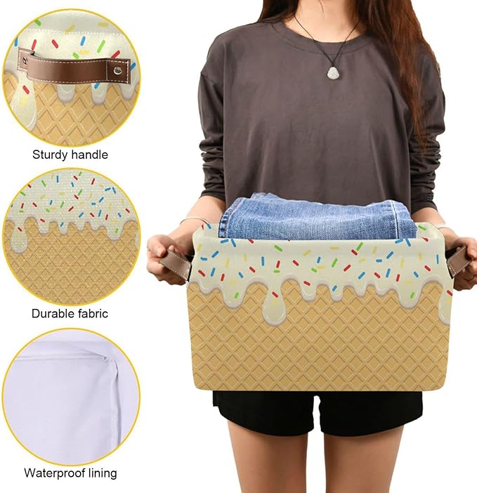 Ice Cream Texture Storage Basket Bin, Large Cube Storage Box Canvas Collapsible Storage Organizer for Home Office Closet - 15 L x 11 W x 9.5 H