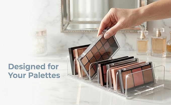 Makeup Palette Organizer, 2 Pack Clear Acrylic Eyeshadow Palette Organizer, 7-Slot Storage for Drawer, Vanity & Countertop, Dual Sizes for Palettes, Blush & Contour