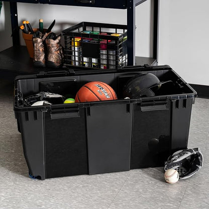IRIS USA 32 Gallon Heavy Duty Rolling Storage Bin with Lid, 2 Pack Extra Large Stackable Industrial Tote, Lockable Container with Wheels and Secure Latches for Garage, Basement, Camping, Tools, Truck