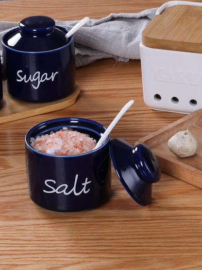 ONTUBE Farmhouse 8oz Salt Bowls with Lid and Spoon, Ceramics Condiment Pots, Seasoning Jar Spice Container for Kitchen, Dishwasher Safe (Navy)