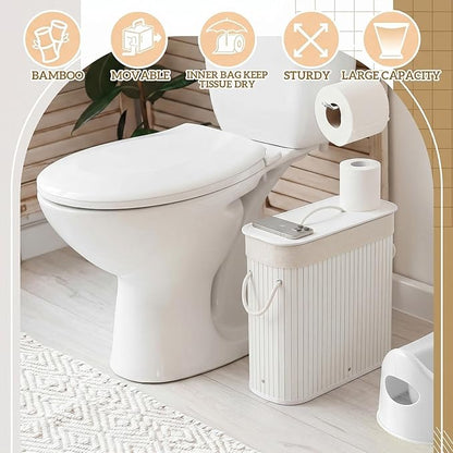 Leinuosen Bamboo Toilet Paper Storage Basket 8 Gallons/30 L Toilet Paper Organizer Holder with Lid Waterproof for Kitchen Bathroom Home(White,Regular)