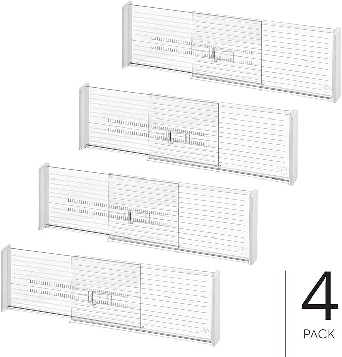 iDesign Expandable Plastic Deep Drawer Dividers for Kitchen, Dresser, or Desk Drawers - Set of 4 - Clear