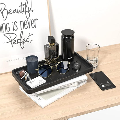 Bathroom Vanity Tray for Countertop - Bamboo Organizer Tray for Dresser Tops, Toilet, Perfume Small Decorative Tray Wood Tray for Home Decoration 11.81” L x 6.1” W x 0.79” H Black