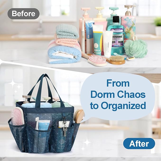 F-color Mesh Shower Caddy Portable, Upgrade Deeper 7 Pockets Shower Bag Basket Tote for College Dorm Room Toiletry Bathroom Essentials Gym Camp Quick Dry 2 handles with S Hook, Starlight Navy