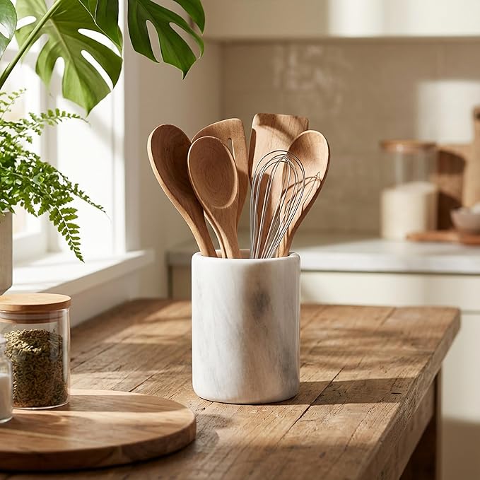Radicaln Marble Utensil Holder 6.5" Inches White Handmade Spoon Holder for Kitchen Counter, Ideal Kitchen Utensils Set Organizer, Farmhouse Kitchens Decor & Accessories, Cooking Utensil Storage