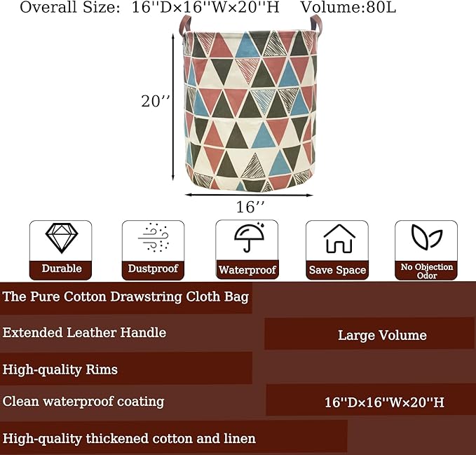 Waterproof Laundry Hamper Collapsible Laundry Basket Leather Handle Laundry Bag Large Clothes Storage Toy Organization for Bathroom Bedroom Laundryroom College Dorms (Caisanjiao-002)