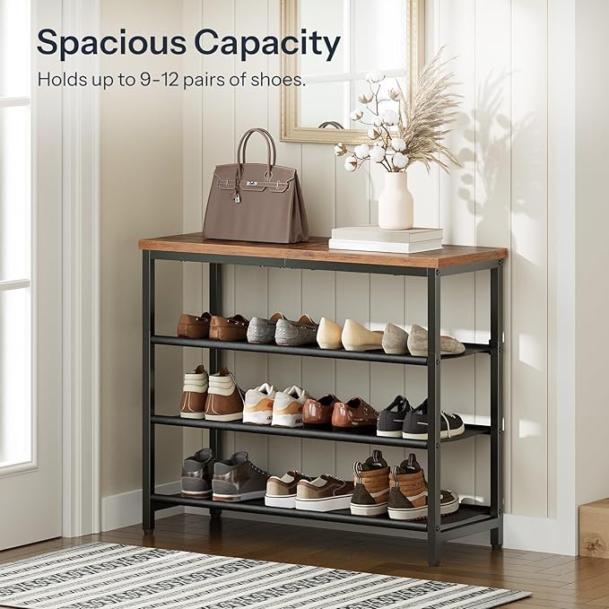HOOBRO Shoe Rack with 3 PU Shelves, 4-Tier Shoe Storage Organizer for Closet and Entryway, Holds 9-12 Pairs of Shoes, Sturdy Metal Frame, Small Spaces, Rustic Brown and Black BF94XJ01