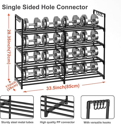 2 Rows 4 Tier Shoe Rack, Black Metal Stackable Shoe Shelf with Multifunctional Hooks, Hold 16-20 Pairs, Space Saving Shoe Organizer for Closet, Bedroom