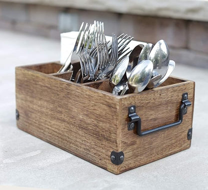 Mother's Day Gifts Wooden Kitchen Utensil Holder With 4 Compartments Wood Cutlery Utensil Organiser Flatware Caddy Organizer for Party | Silverware Condiment Organizer with Napkin Holder for Dining
