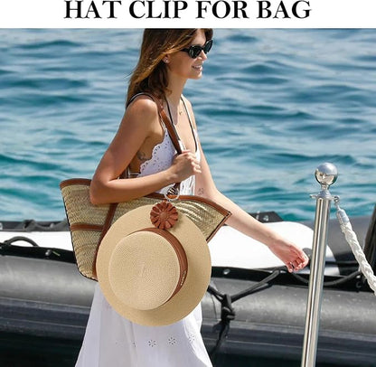2 Pack Leather Hat Clip for Travel On Bag, Travel Hat Holder for Handbag Backpacks Luggage, Outdoor Travel Accessories Hat Bag Clip (Brown)