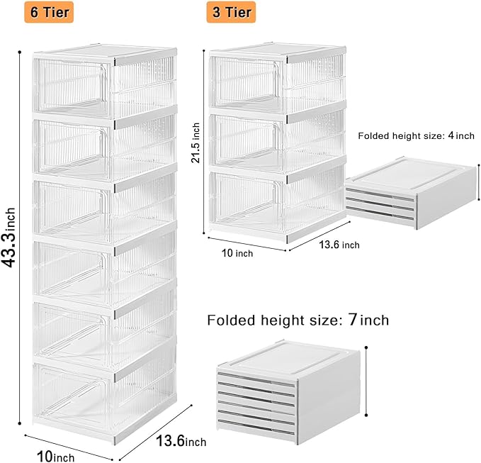GUDEMAY Drop Front Shoe Storage Box, No Assembly Stackable Shoe Organizer Storage Bin with Door, Free Standing Shoe Shelf Cabinet with Lid, Plastic Shoe Rack for Closet Entryway