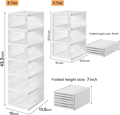 GUDEMAY Drop Front Shoe Storage Box, No Assembly Stackable Shoe Organizer Storage Bin with Door, Free Standing Shoe Shelf Cabinet with Lid, Plastic Shoe Rack for Closet Entryway