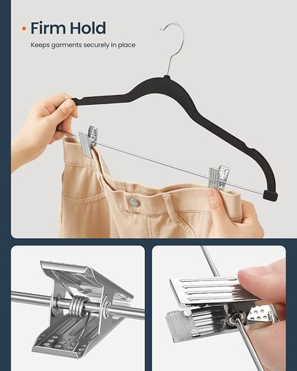 SONGMICS HOME Velvet Pants Hangers with Adjustable Clips, Non-Slip Space-Saving Clothes Hangers, 30 Pack, Shoulder Notches for Skirts, Black