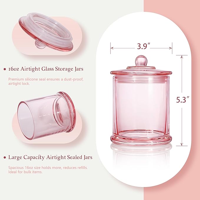 Ronasip 3 Pack Qtip Holder Dispenser, 16oz Bathroom Organizer and Storage Canisters, glass vanity organizer with lid - Home Decor, Room Decor Aesthetic (Pink)