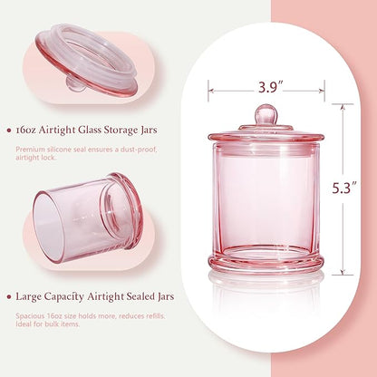 Ronasip 3 Pack Qtip Holder Dispenser, 16oz Bathroom Organizer and Storage Canisters, glass vanity organizer with lid - Home Decor, Room Decor Aesthetic (Pink)