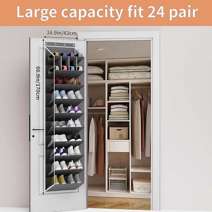 KYEVIS 10-Tier Large Size Over the Door Shoe Organizer, 20 Pairs Hanging Shoe Rack for Closet with Deep Pockets, Space-Saving Storage for Sneakers, Boots Heels (Grey)