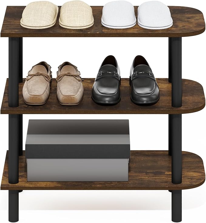 Furinno Turn-N-Tube Shoe Rack, 3-Tier Narrow Shoe Organizer, Shoe Rack Storage with Curved Freestanding Organizer, 11.7 x 23.6 x 21.9, for Closet Entryway, Office, Garage, Amber Oak