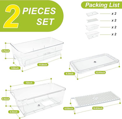 Pull Out Fridge Organizer Drawer, Stackable Refrigerator Storage Bins with Drain Tray and Lid, Clear Fruit and Vegetable Storage Containers Box, for Kitchen Freezer, 2-Pack