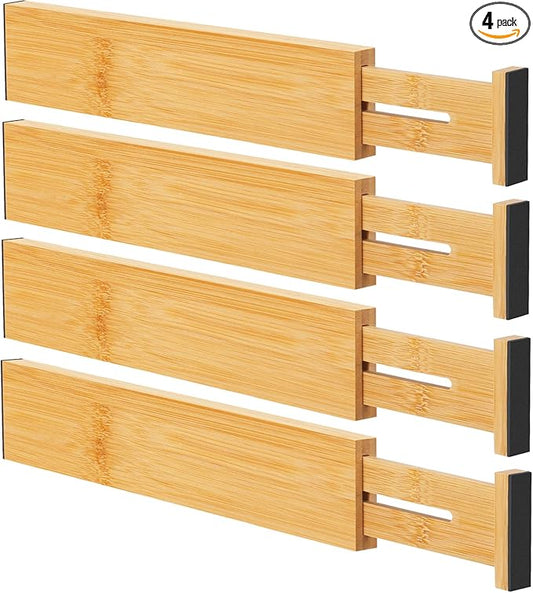 Bamboo Drawer Dividers Organizers, Kitchen Drawer Organizer, Adjustable Drawer Divider for Clothes, Kitchen, Dresser, Bedroom, Bathroom and Office, 4-Pack (Natural, 12-17 IN)