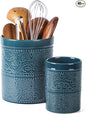 FUN ELEMENTS Kitchen Utensil Holder, 7.2+5.5" Super Large Utensil Crock Heavy and Stable Lace Emboss Ceramic Utensil Holder for Kitchen Counter(2Pcs Grayish Blue)