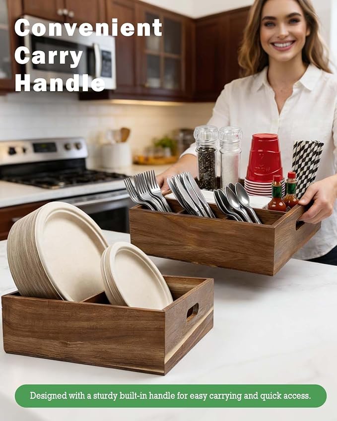 Acacia Wood Utensil Holder for Party (Set of 2) - 11" x 9.5" Utensil Caddy for Parties & Silverware Caddy for Countertop - Holds Plates, Napkins, Cups, Spoons, Forks - Kitchen Accessories