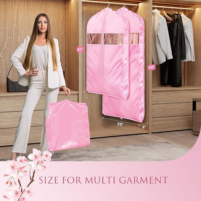 Univivi Super Soft Satin Garment Bags for Hanging Clothes, 60 Inch Zippered Dress Cover with Gussets, Breathable & Non-smell for Dresses, Coats, Jackets, Shirts, 2 Pack - Pink