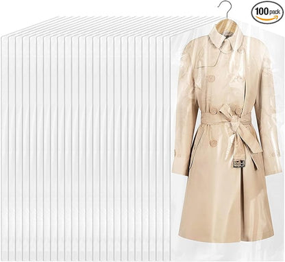 100 Pack Dry Cleaning Bags, 60x120 cm Clear Plastic Garment Bags for Dry Cleaner, Home Storage, Travel, Moving - Dust-proof
