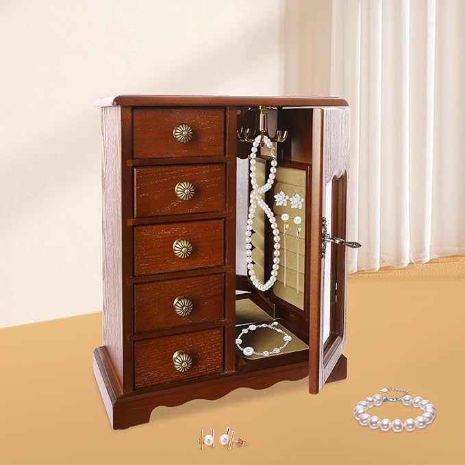 Wooden Jewelry Box, Jewelry Organizer with 5 Drawers, Large Storage Space Desktop Jewelry Storage Box with Anti-Slip Feet,for Organizing Necklaces, Bracelets, Earrings (Dark Wood Color)