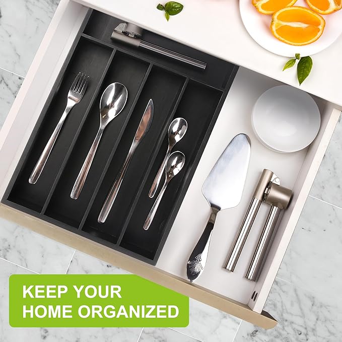 Unibambou Bamboo Kitchen Drawer Organizer - silverware organizer - Cutlery Tray - Utensil Tray - drawer dividers and Utensil Holder with Wood Silverware Holder for Flatware Cutlery (5 Slots, Black)