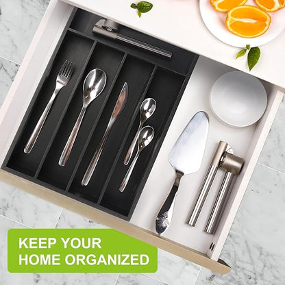 Unibambou Bamboo Kitchen Drawer Organizer - silverware organizer - Cutlery Tray - Utensil Tray - drawer dividers and Utensil Holder with Wood Silverware Holder for Flatware Cutlery (5 Slots, Black)