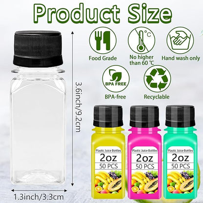 Qiuttnqn 50PCS 2oz Small Plastic Shot Bottles with Caps,Clear Empty Plastic Juice Bottles with 10 Funnels,Small Leak-Proof Juice Containers for Drink Milk Beer Coffee Liquid Beverages