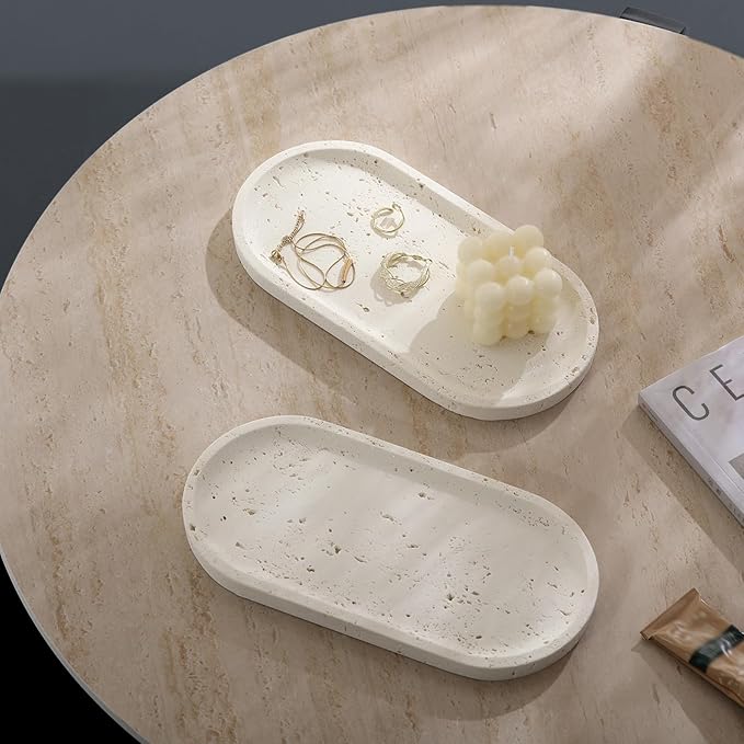 Jewelry Tray Bathtub, Resin Stone Look Decorative Perfume Tray, Bathroom Marble Vanity Organizer Plate Holder for Ring Soap Towel Small Things on Kitchen Sink Countertop (Off White, Large)