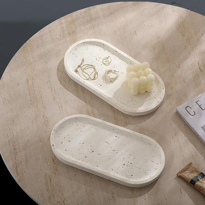 Jewelry Tray Bathtub, Resin Stone Look Decorative Perfume Tray, Bathroom Marble Vanity Organizer Plate Holder for Ring Soap Towel Small Things on Kitchen Sink Countertop (Off White, Large)
