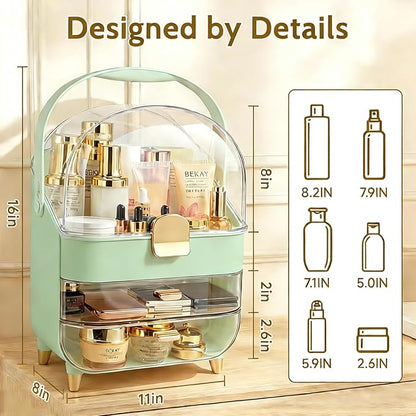 Makeup Organizer with Drawers-Cosmetic Display Case for Vanity|Skincare Organizer with 360 Rotating Brush Holder,Large Storage Box Dresser,Women Gifts Display Cases for Bathroom Countertop,Green