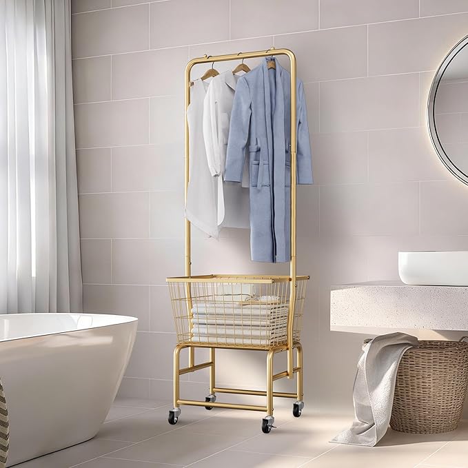 Rolling Laundry Cart with Wheels, Laundry Hamper Basket Organizer with Clothes Hanging Rack, Wire Storage Cloth Shelf Butler, Golden