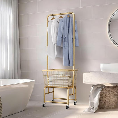 Rolling Laundry Cart with Wheels, Laundry Hamper Basket Organizer with Clothes Hanging Rack, Wire Storage Cloth Shelf Butler, Golden