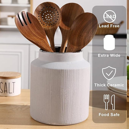 Farmhouse Ceramic Farmhouse Kitchen Utensil Holder for Countertop, Rustic Cooking Utensil Holder Crock Fit for Kitchen Counter.Grey 6.1 x 6.1 x 7 IN