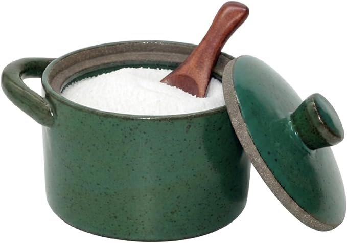 Handcrafted Speckled Ceramic Salt Cellar with Wooden Spoon, Rustic Vintage Spice Jar, Dishwasher Safe, 8.45 fl oz (Vintage Green)