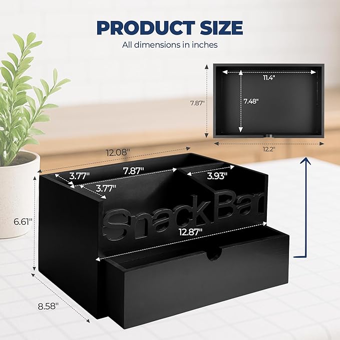 Snack Bar Organizer – Black 3 Compartment Station with Drawer, Countertop Pantry Organizer for Kitchen, Office Food Holder, Candy Storage Bin, Display Stand, Cabinet Tray & Shelf