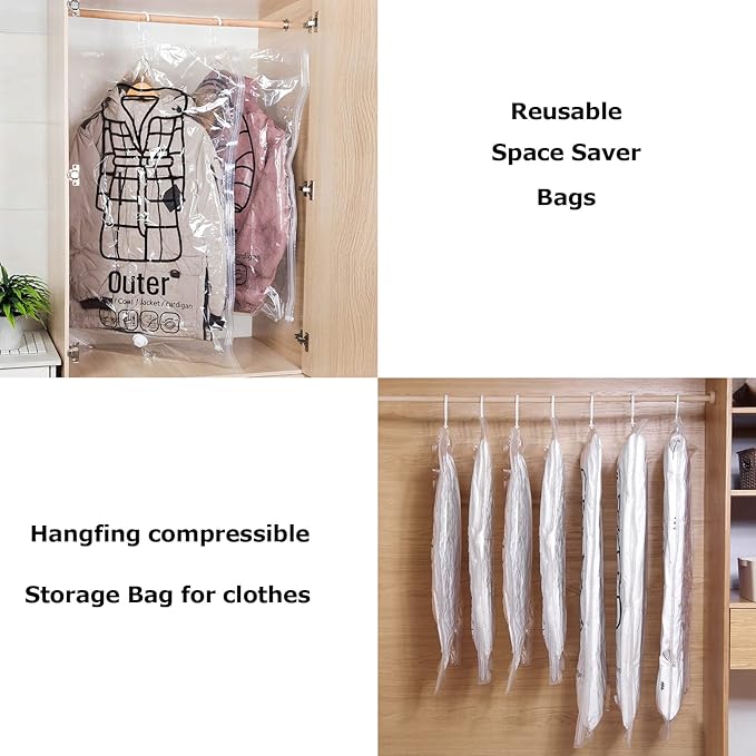 Hanging Vacuum Storage Bags, 2024 New Reusable Hanging Vacuum Storage Bags for Clothes, Coats, Jackets, Hanging Compressible Storage Bag Space Saver Bags with Hand Pumps (Medium, 2Pcs)