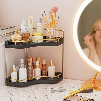 2-Tier Corner Bathroom Counter Organizer with Embedded Screw Holes, Secure & Stable Wood Vanity Shelf for Makeup and Skincare Essentials - Space Saving Bathroom Countertop Storage, Black Gold