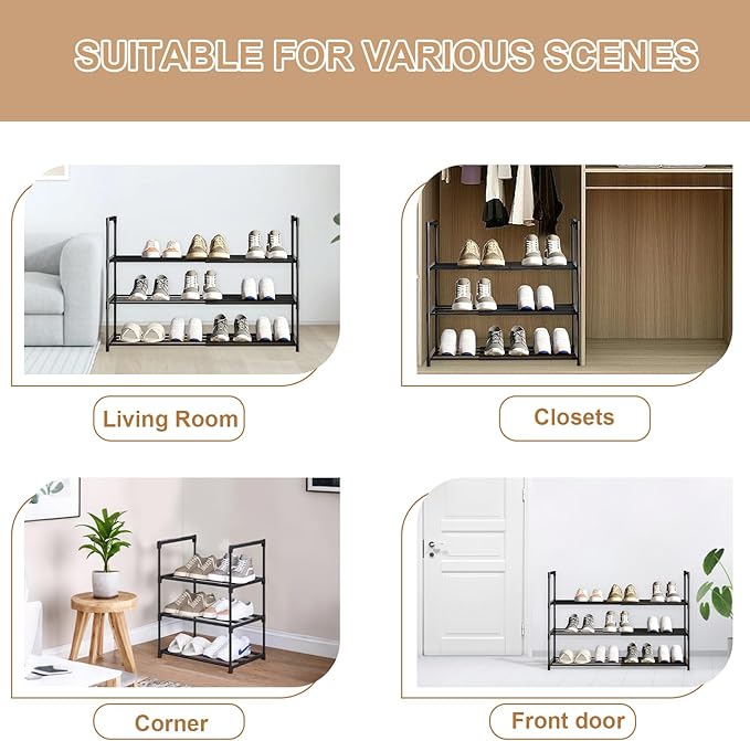 3-Tier Expandable Shoe Rack for 16-20 Pairs, Adjustable Metal Shoe Storage, Upright or Upside Down, Stackable, 15.7" W x 12" D x 21.45" H for Entryway, Door Entrance,Closet
