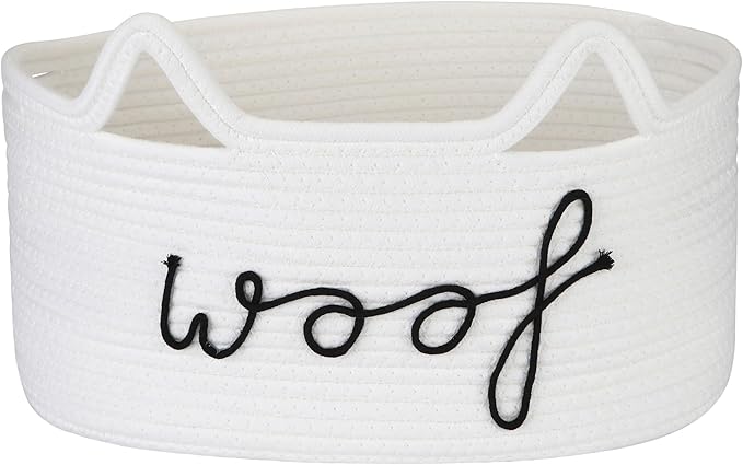 Sea Team Dog Toy Basket with Handles, 16.5 x 11 x 7 Inches, 4.4 Gallons Large Cotton Rope Storage Bin, Box, Shelf Organizer for Pet Chew Toys, Foods, White Woof