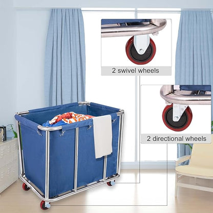 12 Bushels Laundry Cart Commercial/Home,Heavy Duty Large Stainless Steel Rolling Laundry Basket with Wheels，for Laundry Organizer and Storage,260LBS Load (12 Bushels - Blue - 8 Tubes)