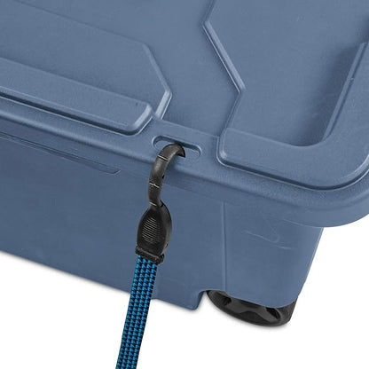 Storage Bin 40 Gallon 160 Qt Wheeled Industrial Tote Plastic Rolling Stacker Storage Box, Tough Lidded Stackable Storage Container for Home, Garage, and Camping Blue Moonlight Base and Lid