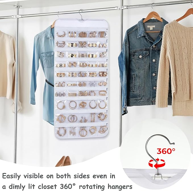 2 Pack Hanging Jewelry Organizer 80 Zippered Pockets 80-Pocket Dual-sided Jewelry Storage for Necklace Bracelet Earring RingsTravel Holder - White