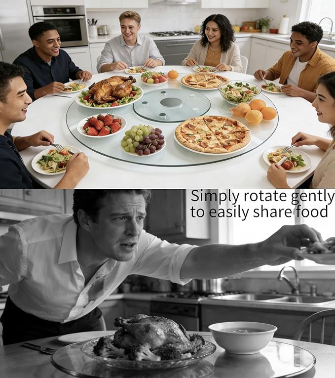 40" Glass Lazy Susan for Dining Table, Glass Turntable Table Centerpiece with 6 Rotating Wheels, 360° Smooth and Silent Spin Tabletop Rotating Tray, for Family Gatherings, Banquets, Weddings, 102 cm