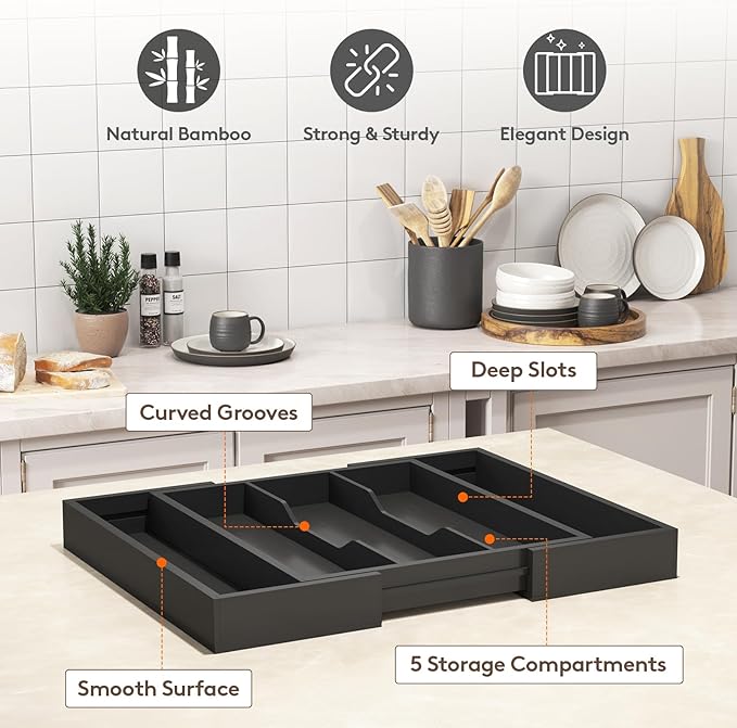 Lifewit Utensil Organizer for Kitchen Drawer, Expandable Cooking Utensil Tray, Cutlery Silverware Flatware Holder, Wood Adjustable Spatula Tools Storage Divider, 13-22x15/ 33-56x38cm, Black