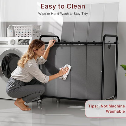 180L Laundry Sorter 4 Section – Heavy Duty Rolling Laundry Basket with Lockable Wheels and Lid, 4 Large Separate Removable Bags, Laundry Hamper Cart for Laundry Room Organizer (Grey)