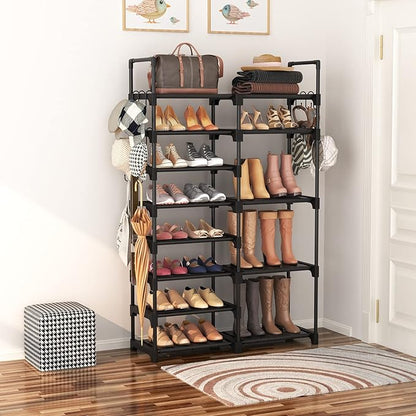 ROJASOP Shoe Rack Organizer, 8-Tier Metal Shoe Rack for Closet Entryway Garage, 26-32 Pairs Tall Shoe Boot Storage Shelf with 15 Hooks, Stackable Large Shoe Stand